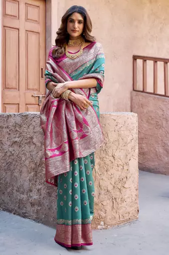 teal color elegant soft silk blend saree