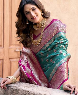 teal color elegant soft silk blend saree 3