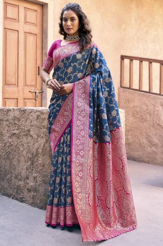 blue color elegant soft silk blend saree