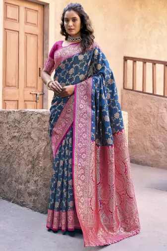 blue color elegant soft silk blend saree