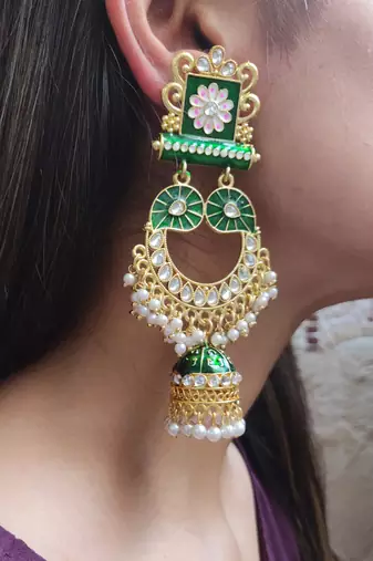 Harika Green Kundan Jhumki Earrings