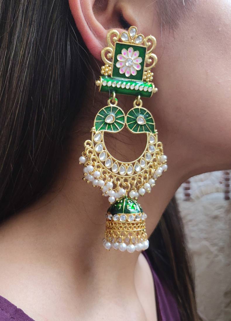 Harika Green Kundan Jhumki Earrings