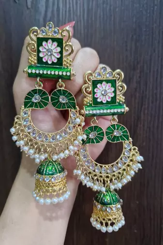 Harika Green Kundan Jhumki Earrings
