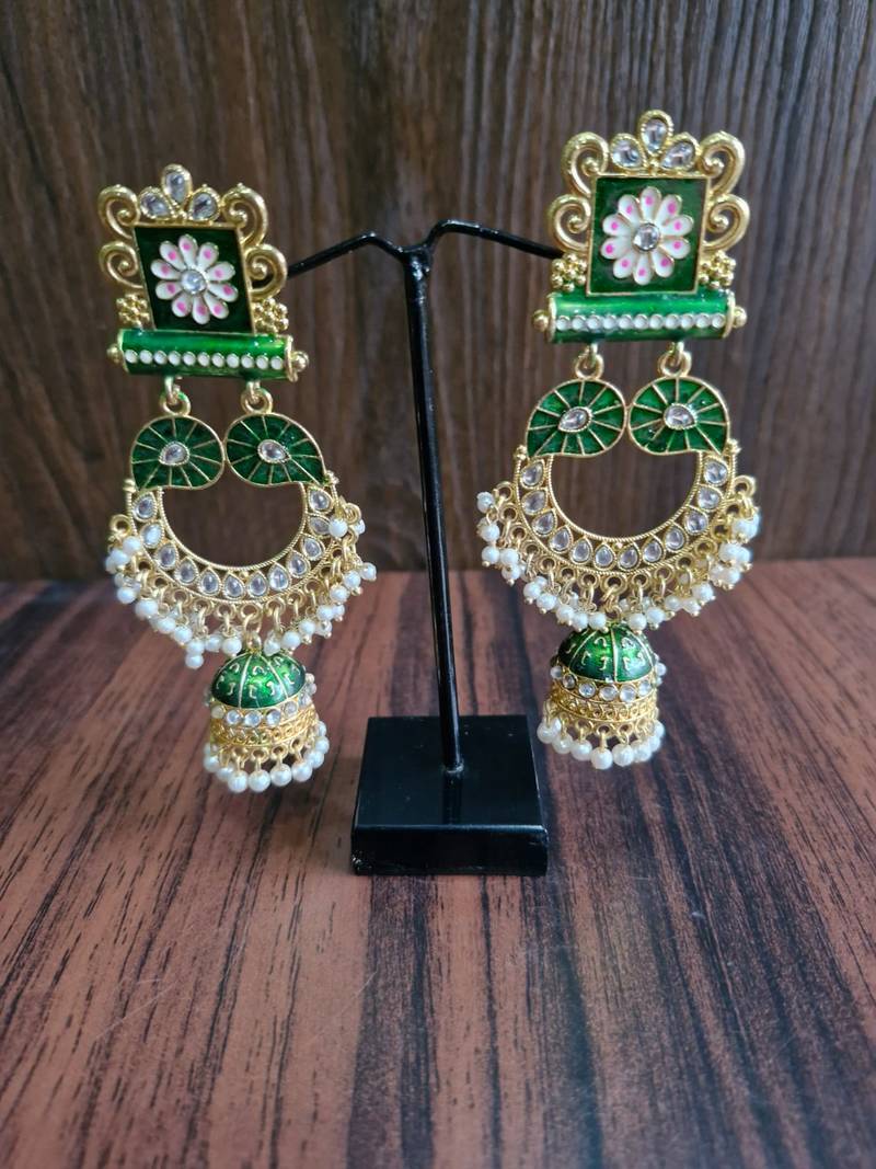 Harika Green Kundan Jhumki Earrings
