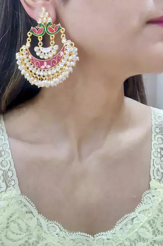 Pink Meenakari Chandbali Earrings