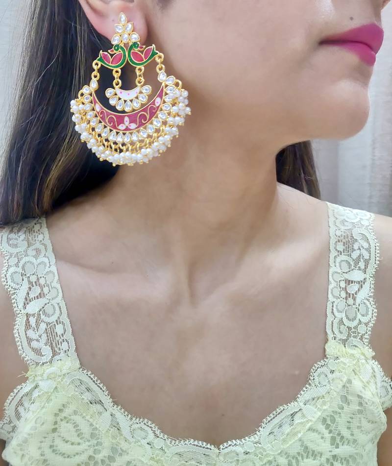 Pink Meenakari Chandbali Earrings