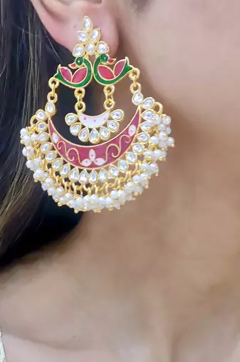 Pink Meenakari Chandbali Earrings