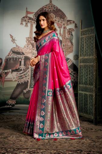 Pink premium soft silk saree with mina work & jhallar detailing 