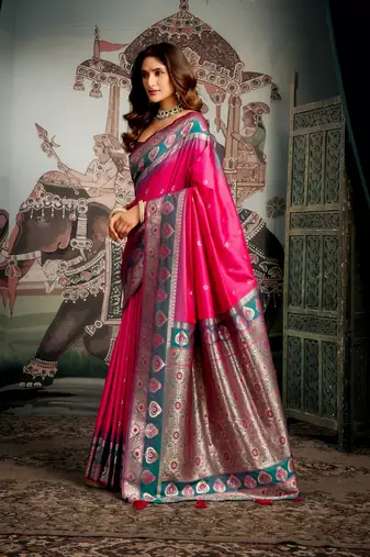 Pink premium soft silk saree with mina work & jhallar detailing 