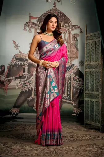 Pink premium soft silk blend saree with mina work & jhallar detailing 