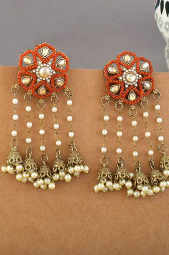 Orange color kundan earrings