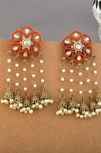 Orange color kundan earrings