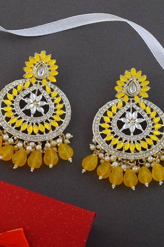 Yellow color kundan earrings