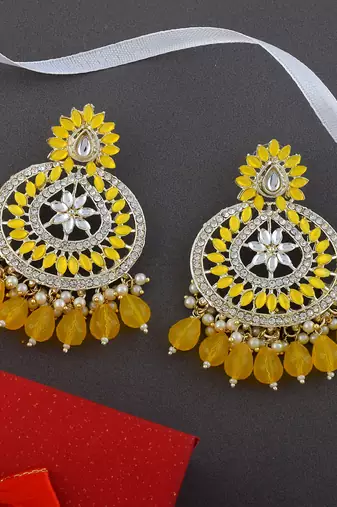 Yellow color kundan earrings