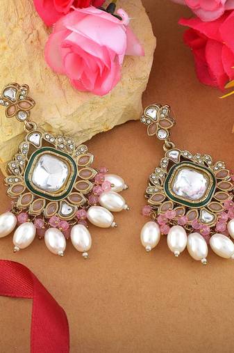 Pink color kundan earrings