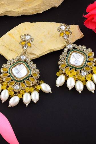 Yellow color kundan earrings