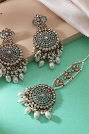 Pista green color kundan earrings tikka set