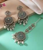 Pista green color kundan earrings tikka set