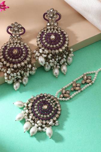Purple color kundan earrings tikka set