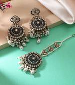 Rama green color kundan earrings tikka set