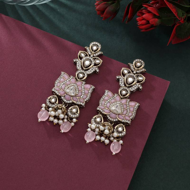Pink color kundan earrings