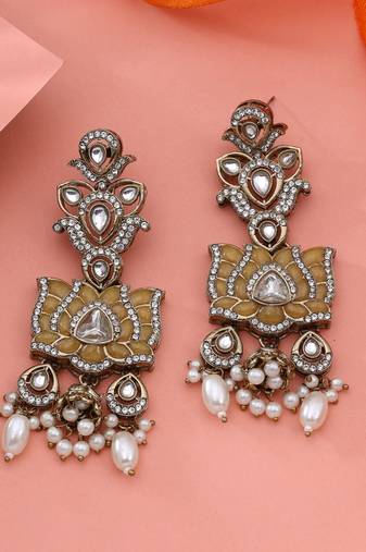 Yellow color kundan earrings