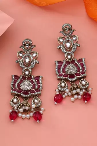 Rani color kundan earrings
