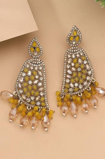 Yellow color kundan earrings