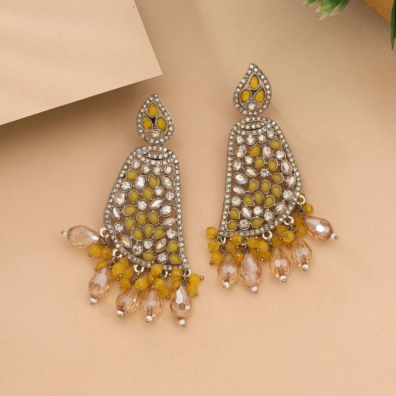 Yellow color kundan earrings