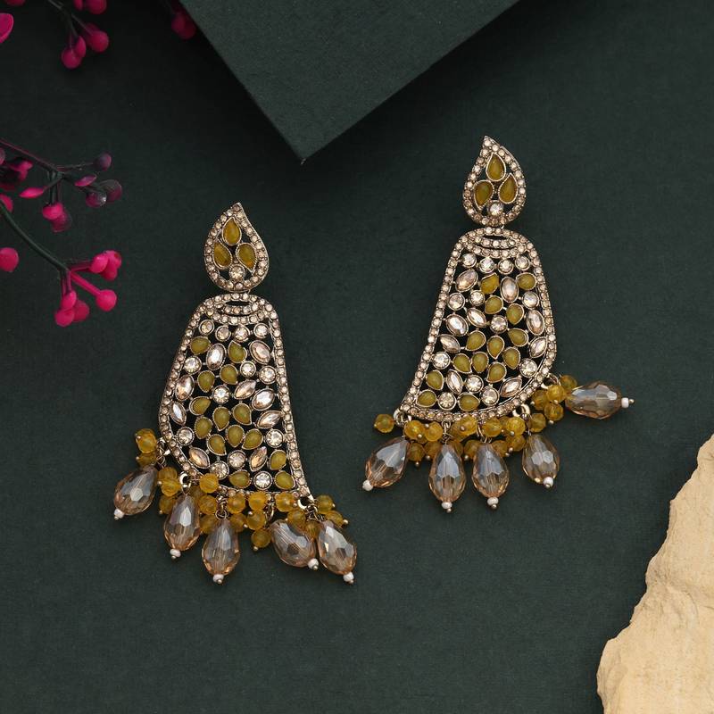 Yellow color kundan earrings