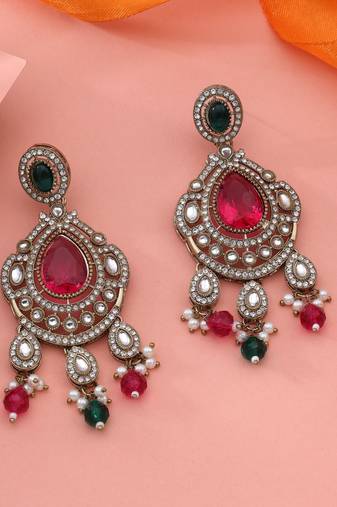 Rani & green color kundan earrings