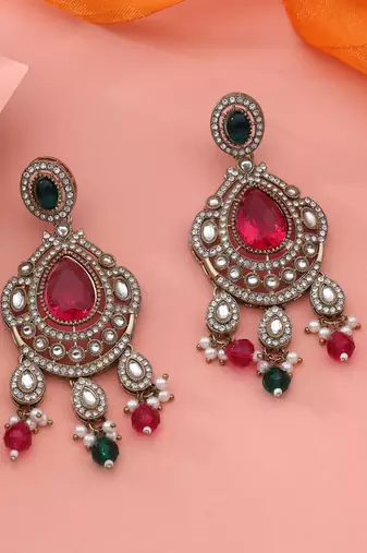 Rani & green color kundan earrings
