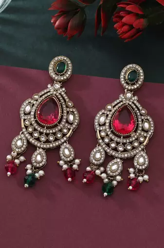 Rani & green color kundan earrings