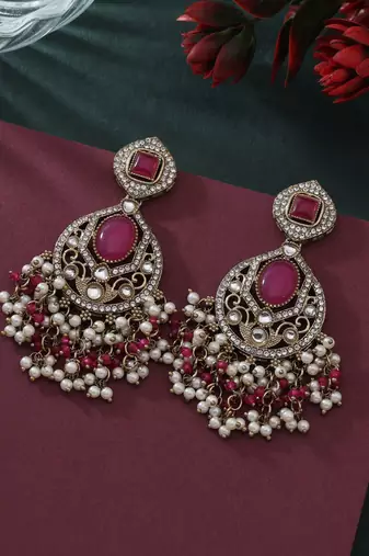 Rani color kundan earrings