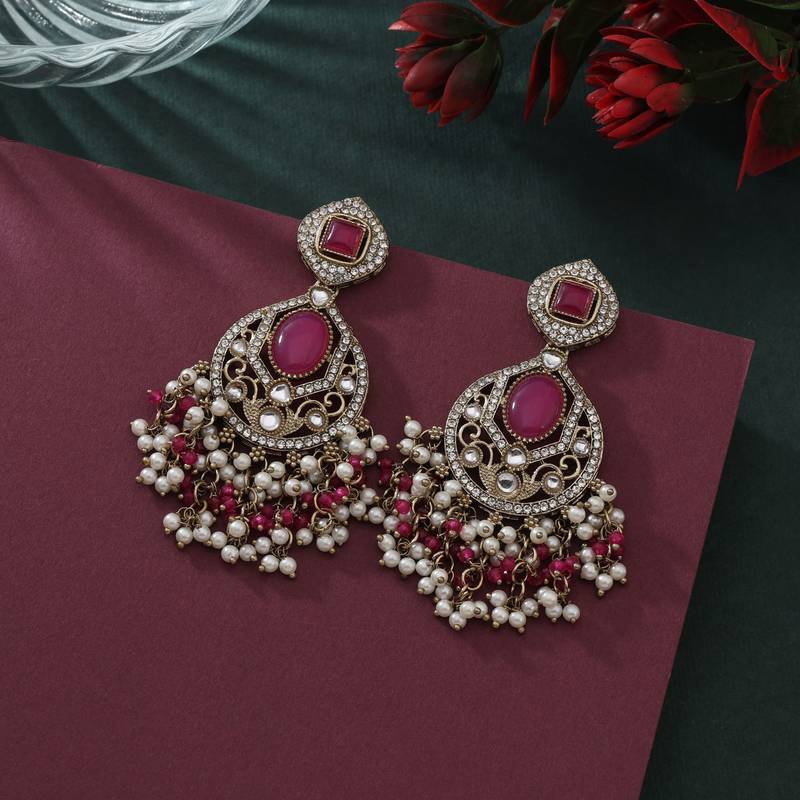 Rani color kundan earrings