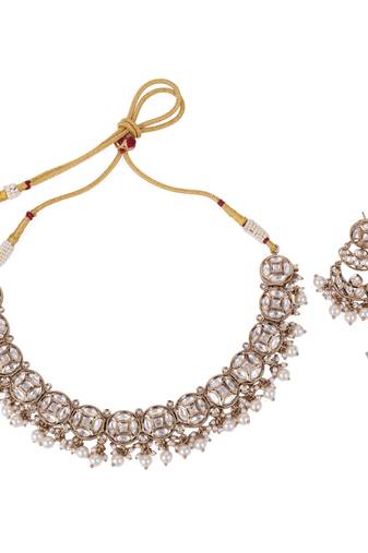 Round shape mother of pearl uncut kundan stone gold plated brass choker necklace set for women