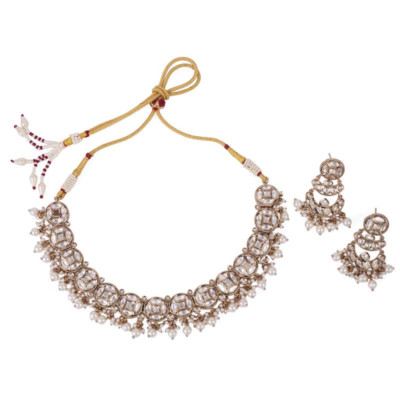 Round shape mother of pearl uncut kundan stone gold plated brass choker necklace set for women