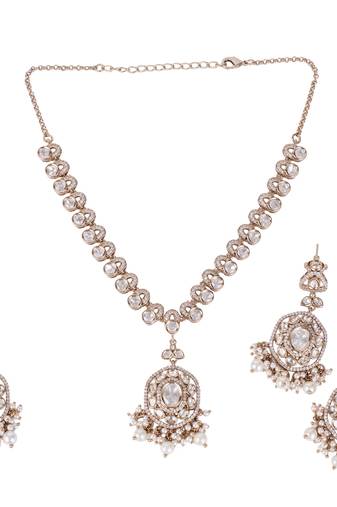Round shape mother of pearl uncut kundan stone gold plated brass choker jewellery set for women