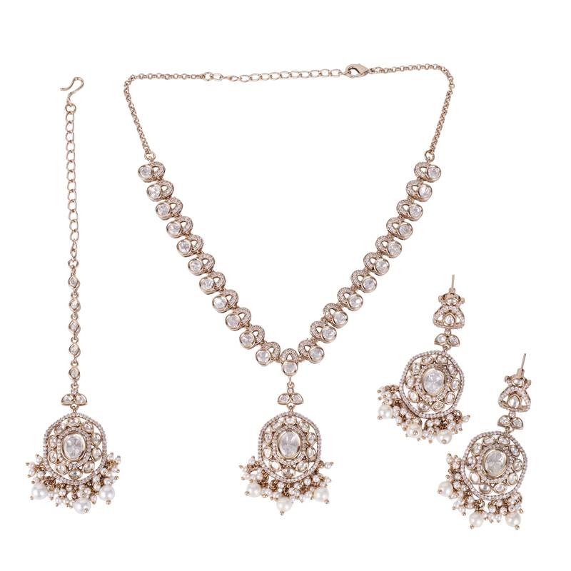 Round shape mother of pearl uncut kundan stone gold plated brass choker jewellery set for women