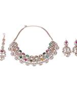 Trangle shape uncut kundan stone gold plated brass choker necklace set with maang tikka for women