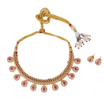 Oval shape small golden ball 22 kt gold plated brass choker necklace set for women and girls 1