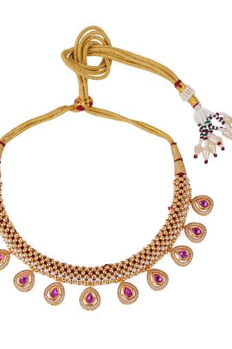 Oval shape small golden ball 22 kt gold plated brass choker necklace set for women and girls