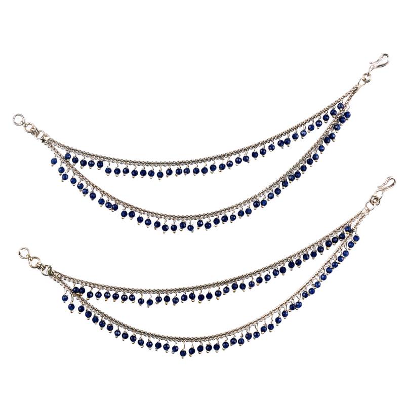 Dazzling 2 string blue pearl gold plated set of 2 brass ear-chain (kaanchain) for women and girls