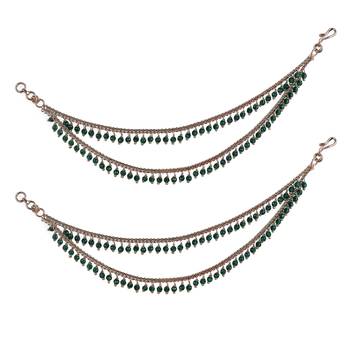 Dazzling 2 string green pearl gold plated set of 2 brass ear-chain (kaanchain) for women and girls 1