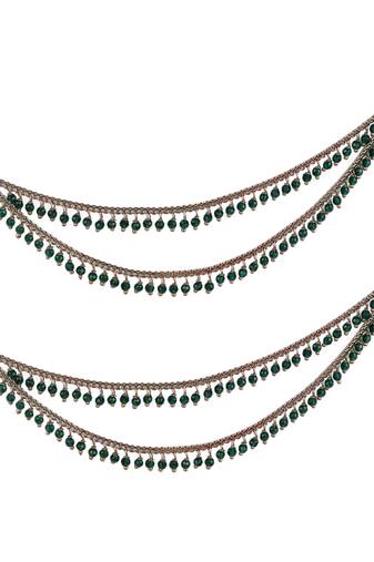 Dazzling 2 string green pearl gold plated set of 2 brass ear-chain (kaanchain) for women and girls