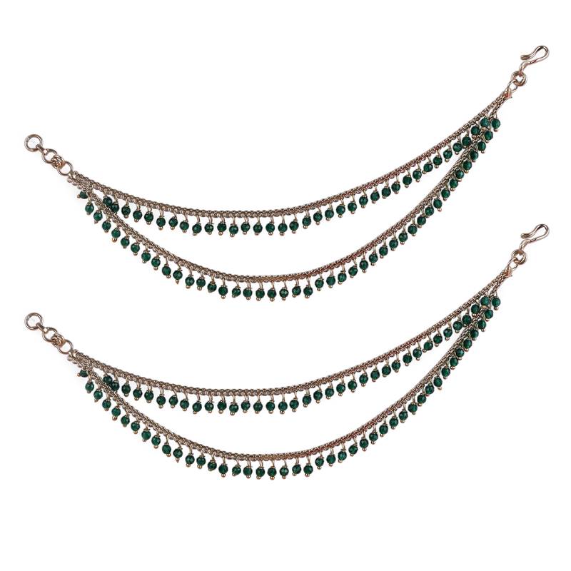 Dazzling 2 string green pearl gold plated set of 2 brass ear-chain (kaanchain) for women and girls