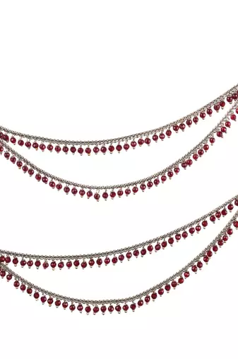 Dazzling 2 string maroon pearl gold plated set of 2 brass ear-chain (kaanchain) for women and girls