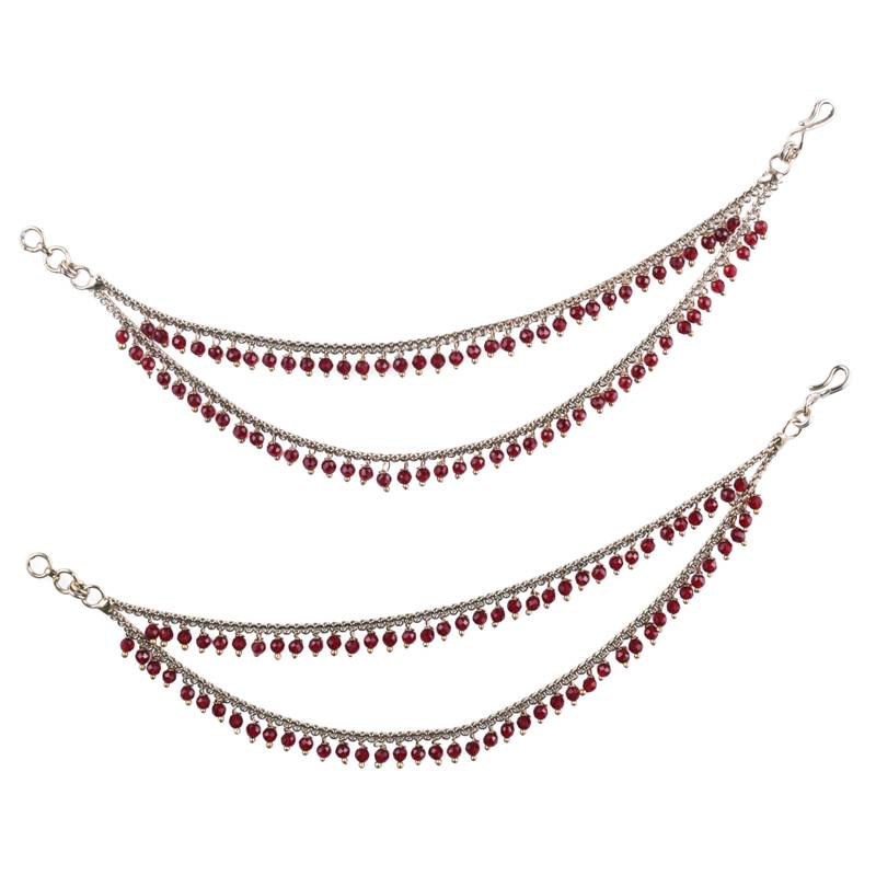 Dazzling 2 string maroon pearl gold plated set of 2 brass ear-chain (kaanchain) for women and girls
