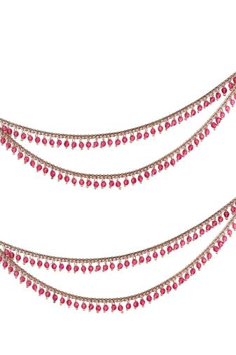 Dazzling 2 string pink pearl gold plated set of 2 brass ear-chain (kaanchain) for women and girls