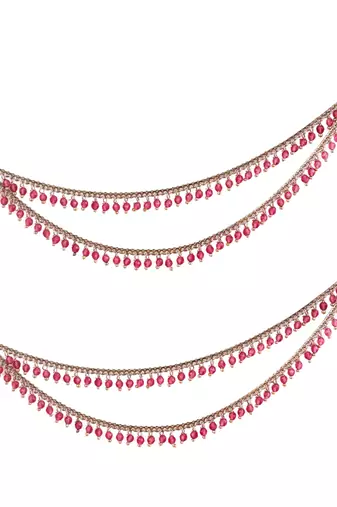 Dazzling 2 string pink pearl gold plated set of 2 brass ear-chain (kaanchain) for women and girls